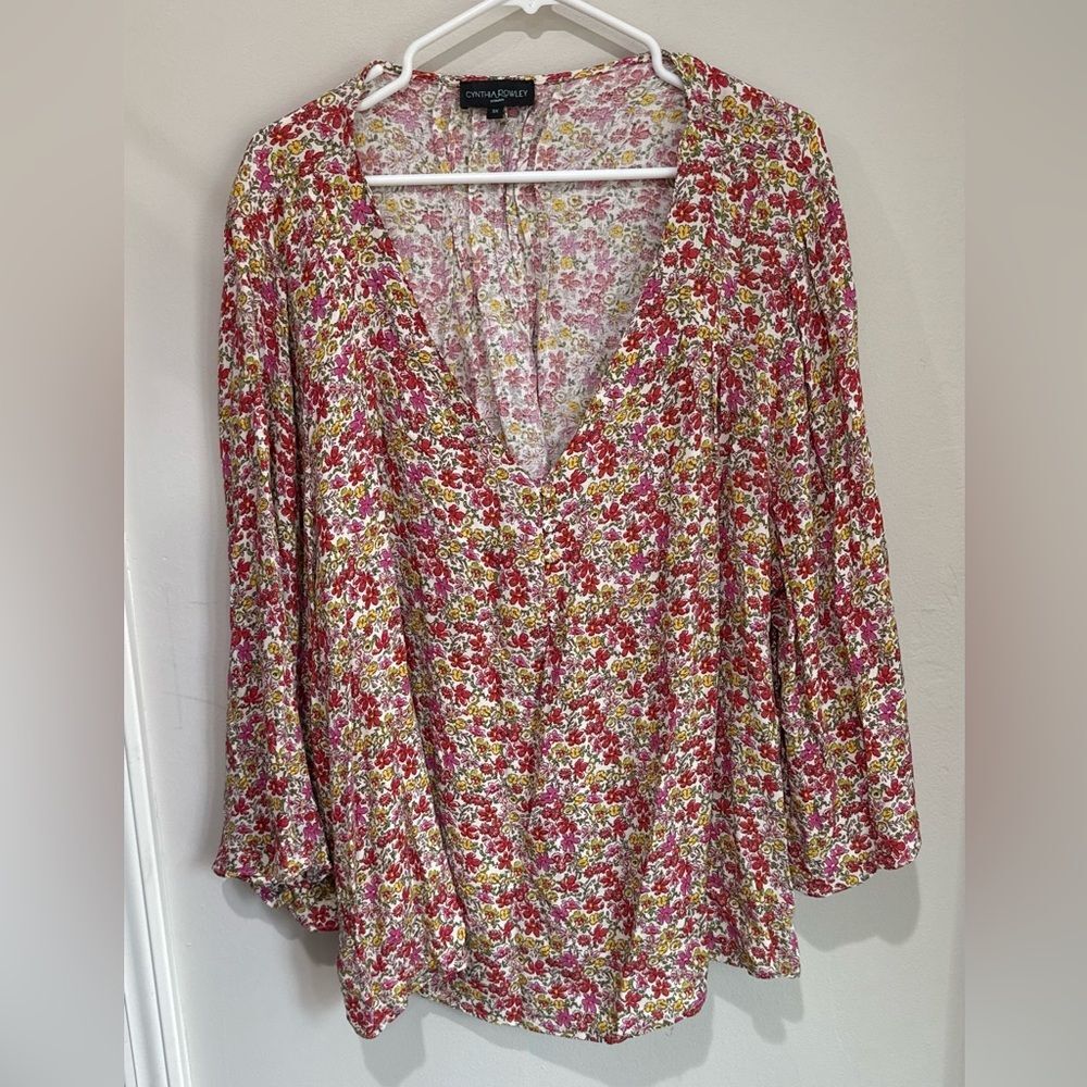Cynthia Rowley Floral V-Neck Blouse - Red and Yellow
